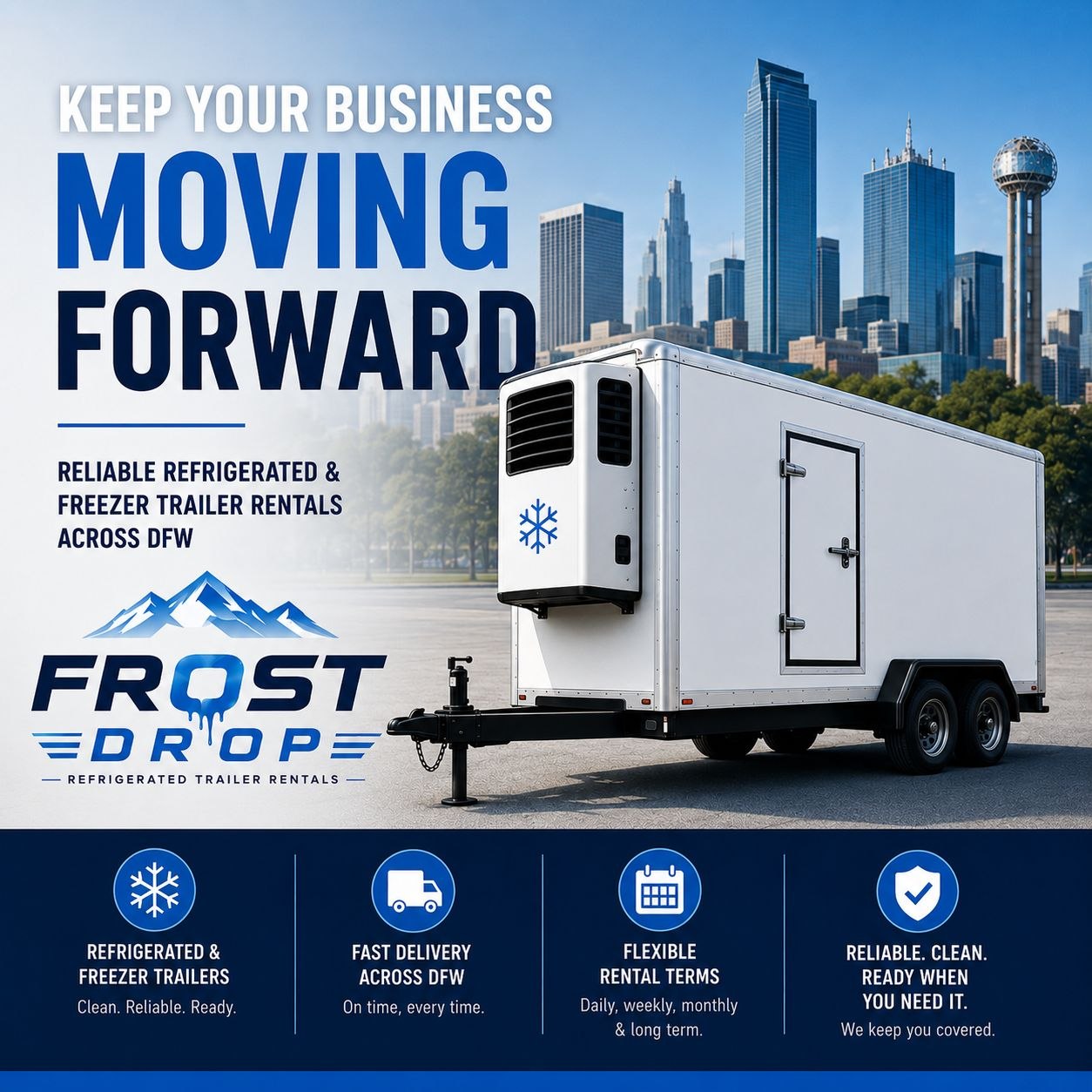 Frost Drop DFW freezer trailer rental for North Fort Worth events, caterers, restaurants, and temporary cold storage